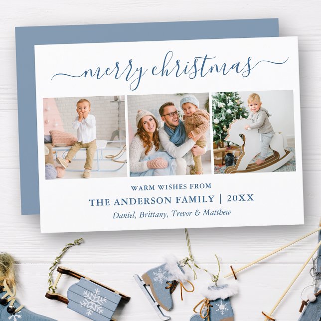 Calligraphy God jul Dusty Blue 3 Photo Julkort (Customize to change text size, style, color of back of card or to add text to back of card.)