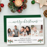 Calligraphy God jul Holly 3 Photo Grönt Julkort<br><div class="desc">Modern Calligraphy Script 3 Photo Family Photo Collage God jul Card innehåller Watercolor jul Holly Berries - Forest Grönt Script</div>