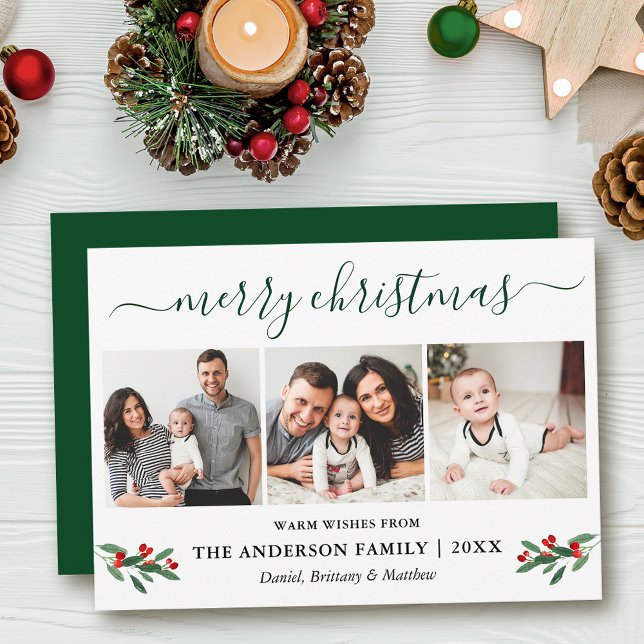 Calligraphy God jul Holly 3 Photo Grönt Julkort (Customize to add text to back of card or to change color of back of card.)