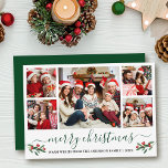 Calligraphy God jul Holly 5 Photo Grönt Julkort<br><div class="desc">Modern Calligraphy Script 5 Photo Family Photo Collage God jul Card innehåller Watercolor jul Holly Berries - Forest Grönt Script</div>