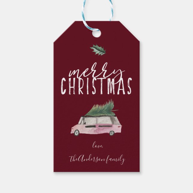 Calligraphy God jul Van & träd holly red Presentetikett (Framsidan)