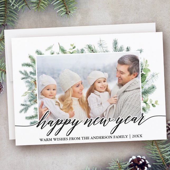 Calligraphy Gott nytt år Gräs Greenery Photo Julkort (Customize to add text to back of card.)