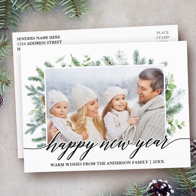 Calligraphy Gott nytt år Gräs Greenery Photo Vykort (Customize to change your personalized text size or text style.)