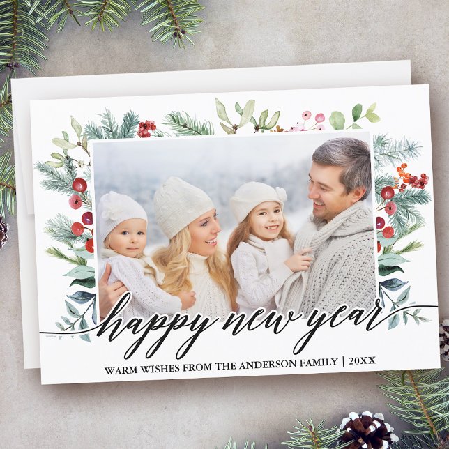 Calligraphy Gott nytt år Winter Greenery Photo Julkort (Customize to add text to back of card.)