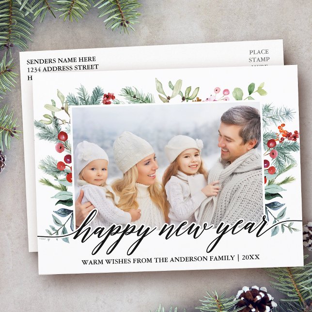 Calligraphy Gott nytt år Winter Greenery Photo Vykort (Customize to change your personalized text size or text style.)