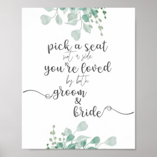Calligraphy Greenery Plocka a Seat Bröllop Sign Poster