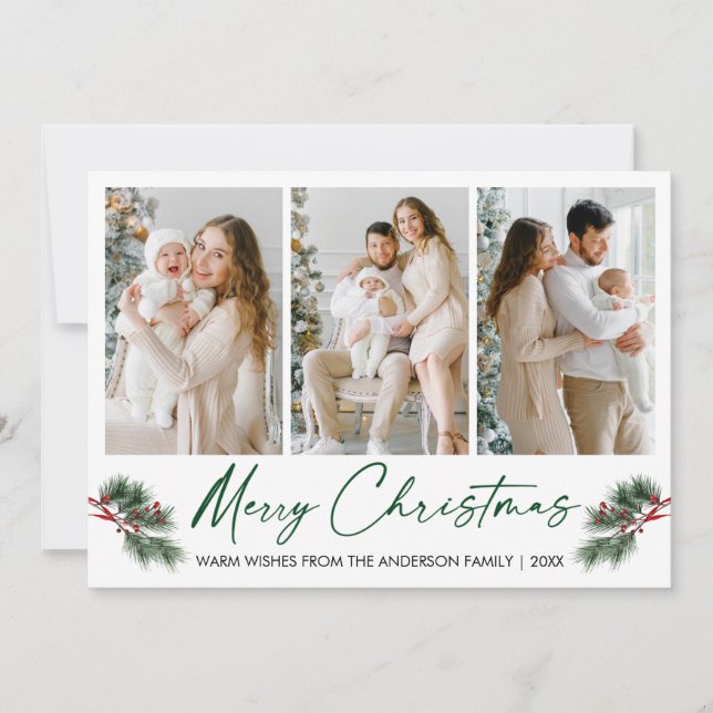 Calligraphy Grönt Bläck Pen Watercolor Gräs Berrie Julkort (Framsida)