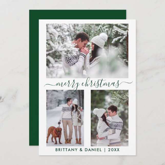 Calligraphy Grönt God jul 3 Photo Couple Julkort (Fram/baksida)