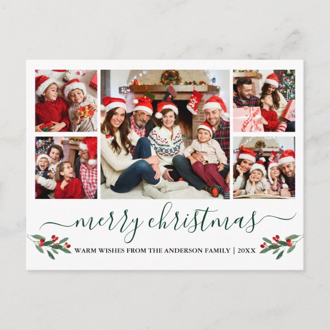 Calligraphy Grönt God jul Holly 5 Photo Vykort (Framsida)