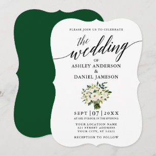 Calligraphy Grönt White Blommigt Bouquet Bröllop Inbjudningar