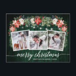 Calligraphy Grönt Wood 3 Photo Watercolor Blommigt Vykort<br><div class="desc">Modern Elegant Calligraphy Script,  Watercolor Winter Blommigt,  String Ljus Couple 3 Photo God jul Postcard innehåller vattenfärgsröda poinsettias,  vit ros,  hollybär,  gräs-koner och botaniskt grönt löv. Rustic Land Grönt Wood.</div>