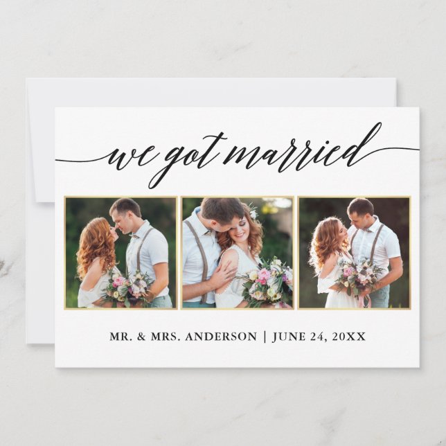 Calligraphy Guld 3 Photo Bröllop annons Card Tack Kort (Framsida)