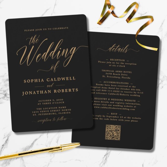 Calligraphy Guld all in One Black Bröllop Inbjudningar (Skapare uppladdad)