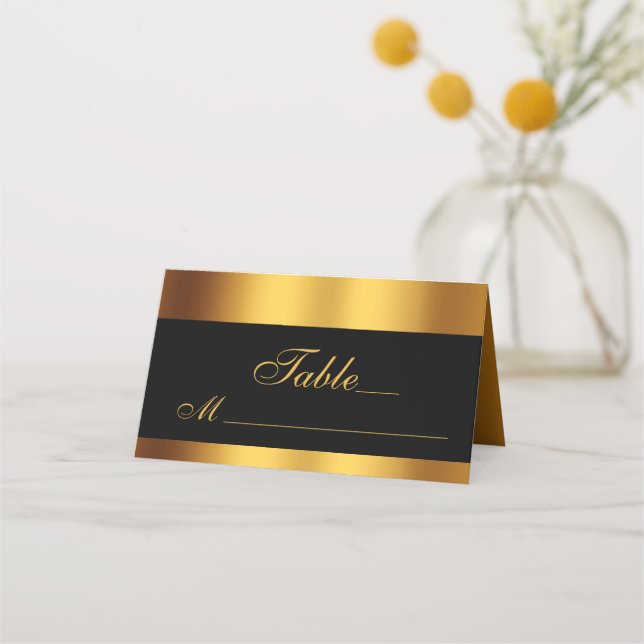 Calligraphy Guld, Luxury Black Bröllop Placeringskort (Framsida)