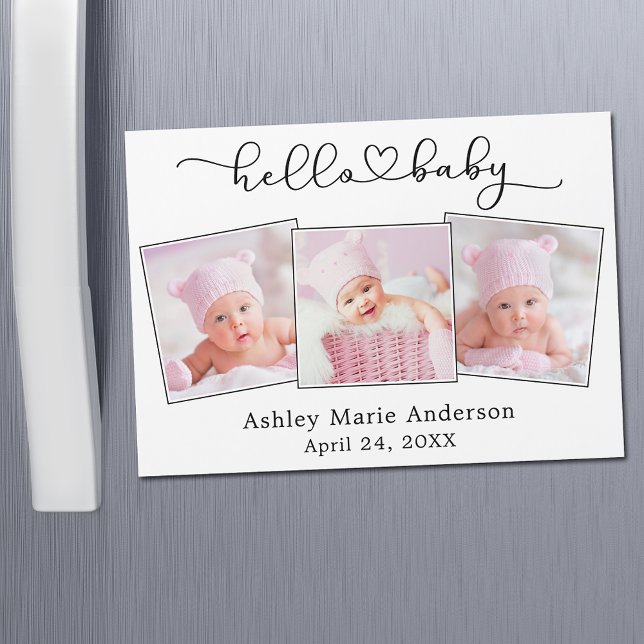 Calligraphy Heart 3 Photo Hej Baby Magnet Card (Customize to change your personalized text size or text style.)