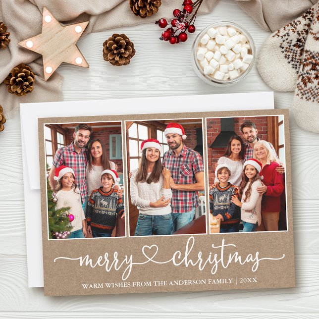 Calligraphy Heart 3 Photo Kraft God jul Julkort (Customize to add text to back of card.)