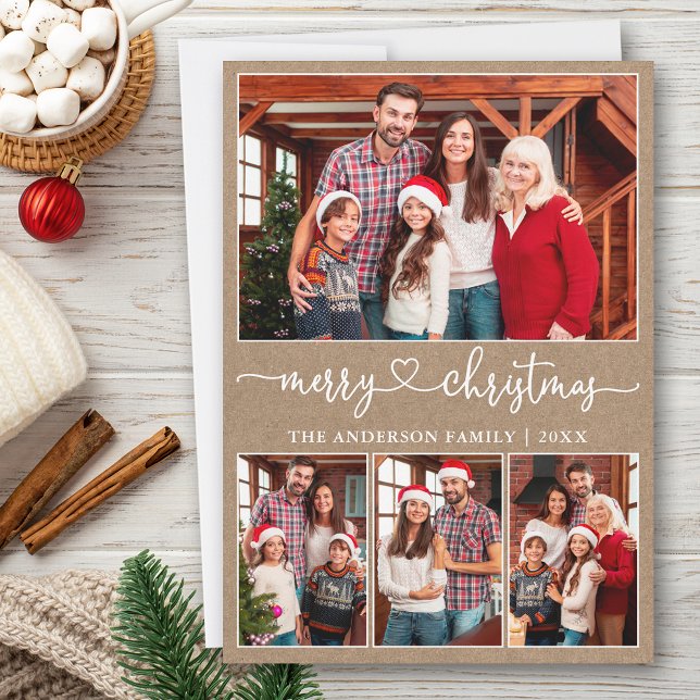 Calligraphy Heart 4 Photo Kraft God jul Julkort (Customize to add text to back of card.)