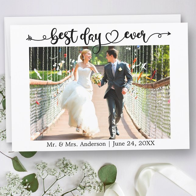 Calligraphy Heart Best Day Aldrig Photo Bröllop Tack Kort (Customize to change your personalized text size or text style.)