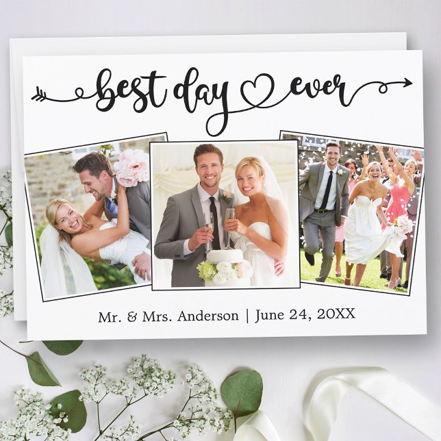 Calligraphy Heart Best Day Ever 3 Photos Wedding Tack Kort (Customize to change your personalized text size or text style.)