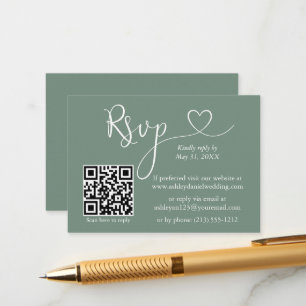 Calligraphy Heart Bröllop QR OSA Sage Grönt Tilläggskort