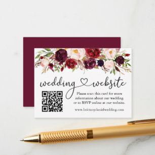 Calligraphy Heart Bröllop Webben QR Burgundy Blomm Tilläggskort