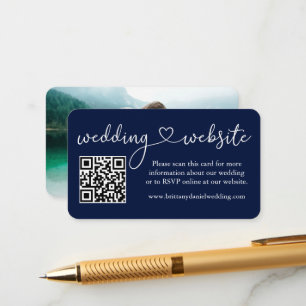 Calligraphy Heart Bröllop webbplats QR Photo Blue Tilläggskort