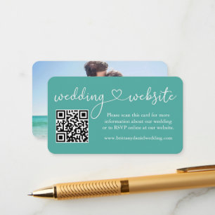 Calligraphy Heart Bröllop webbplats QR Photo Teal Tilläggskort