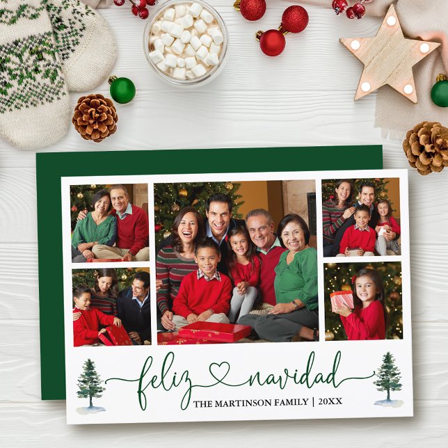 Calligraphy Heart Feliz Navidad 5 Photo Gräs Träd Julkort (Customize to add text to back of card.)
