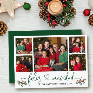 Calligraphy Heart Feliz Navidad Holly Grönt Julkort