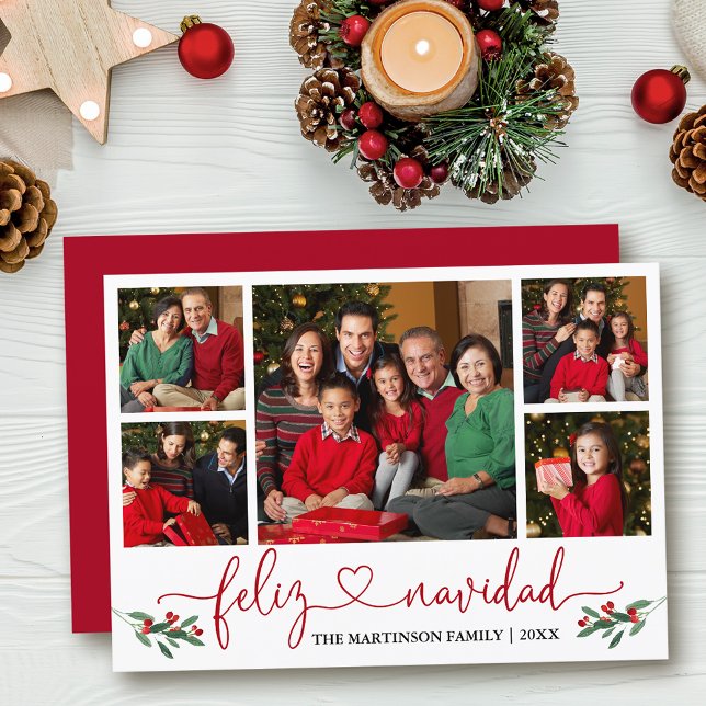 Calligraphy Heart Feliz Navidad Holly Red Julkort (Customize to add text to back of card.)