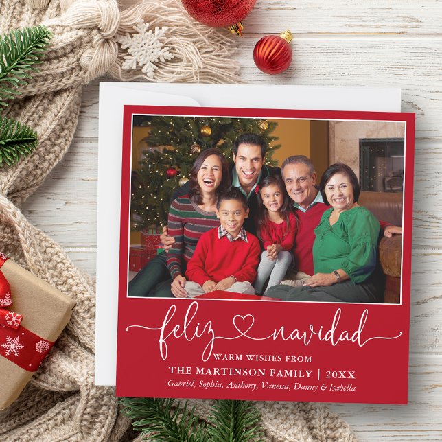 Calligraphy Heart Feliz Navidad Square Red Julkort (Customize to add text to back of card.)