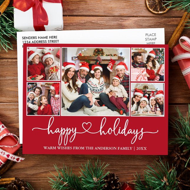 Calligraphy Heart Glad helg 5 Photo Red Vykort (Customize to change your personalized text size or text style.)