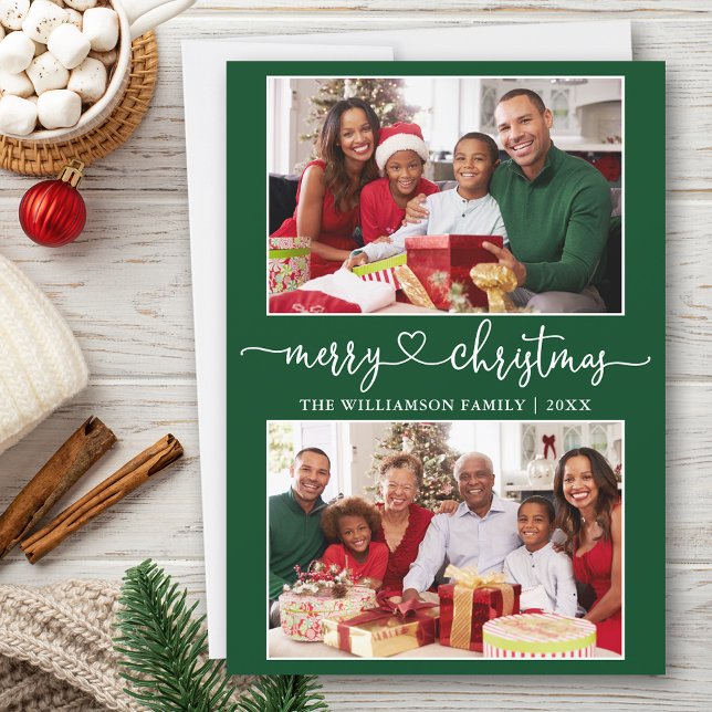 Calligraphy Heart God jul Grönt 2 Photo Julkort (Customize to add text to back of card.)