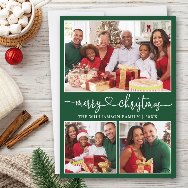 Calligraphy Heart God jul Grönt 3 Photo Julkort (Customize to add text to back of card.)