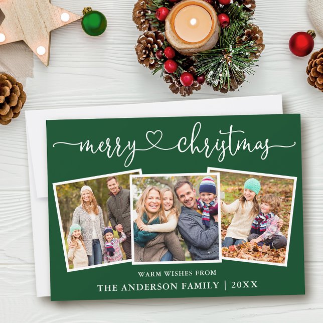 Calligraphy Heart God jul Grönt 3 Photo Julkort (Customize to add text to back of card or to change background color of card.)