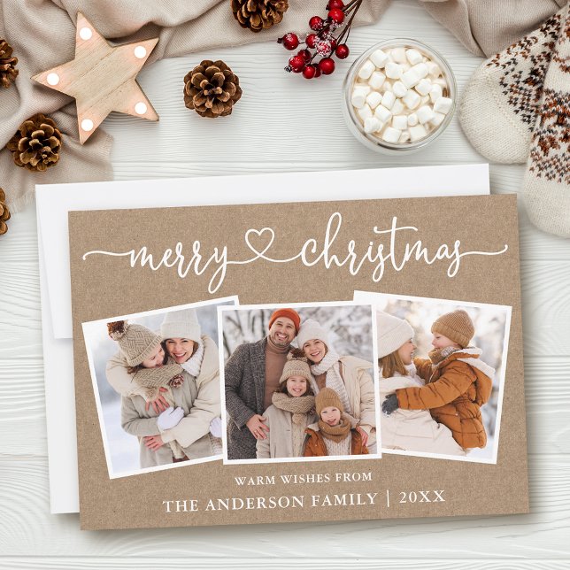 Calligraphy Heart God jul Kraft 3 Photo Julkort (Customize to add text to back of card.)