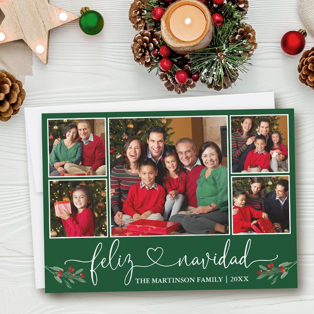 Calligraphy Heart Holly Feliz Navidad Grönt Julkort (Customize to add text to back of card.)