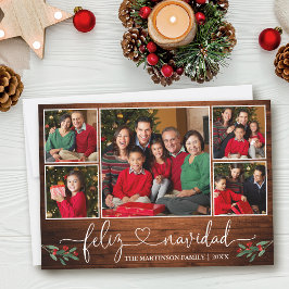Calligraphy Heart Holly Wood Feliz Navidad Julkort