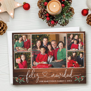 Calligraphy Heart Holly Wood Feliz Navidad Julkort