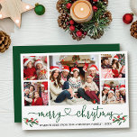 Calligraphy Heart jul Holly 5 Photo Grönt Julkort<br><div class="desc">Modern Calligraphy Heart Script God jul 5 Photo Helgdag Card innehåller Watercolor Red Holly Berries - Grönt Script</div>
