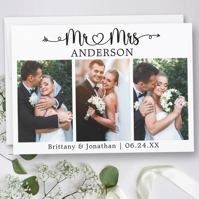 Calligraphy Heart Mr. and Mrs. 3 Photo Wedding Tack Kort (Customize to change your personalized text size or text style.)