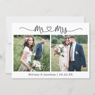 Calligraphy Heart Mr. och Mrs. 2 Photo Bröllop Tack Kort