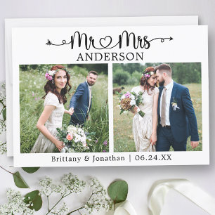 Calligraphy Heart Mr. och Mrs. 2 Photo Bröllop Tack Kort