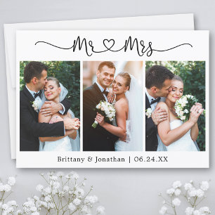Calligraphy Heart Mr. och Mrs. 3 Photo Bröllop Tack Kort