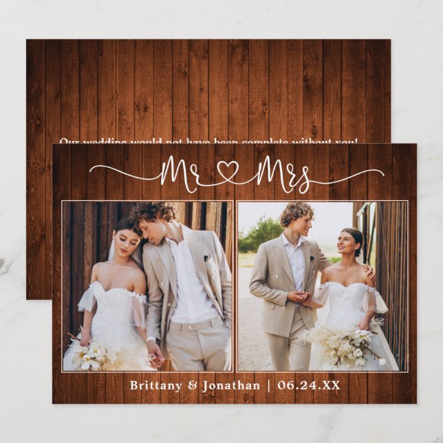 Calligraphy Heart Mrs. 2 Photo Bröllop Wood Tack Kort (Fram/baksida)