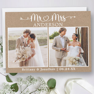 Calligraphy Heart, Mrs. 2 Photo Kraft Bröllop Tack Kort