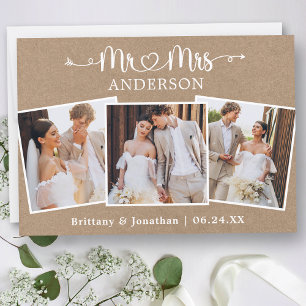 Calligraphy Heart Mrs. 3 Photos Bröllop Kraft Tack Kort