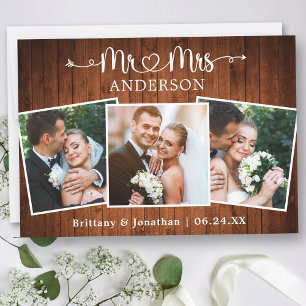 Calligraphy Heart Mrs. 3 Photos Bröllop Wood Tack Kort