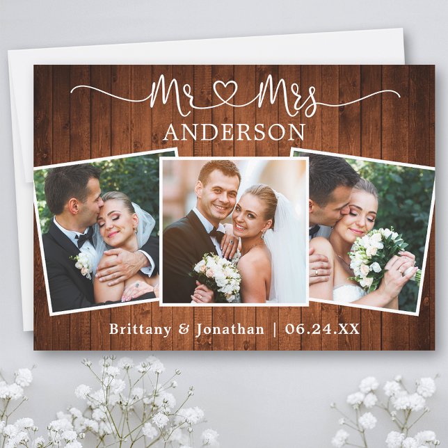Calligraphy Heart Mrs. Bröllop 3 Photos Wood Tack Kort (Customize to change your personalized text size or text style.)