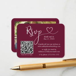 Calligraphy Heart Photo Bröllop Burgundy OSA QR Tilläggskort